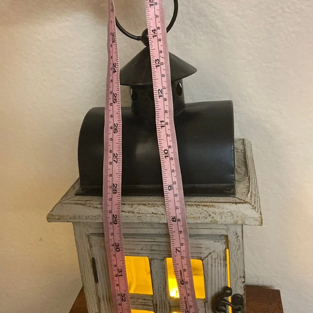 Vintage Wood & Metal & Glass Farmhouse Beach Style Lantern w LED Candle
